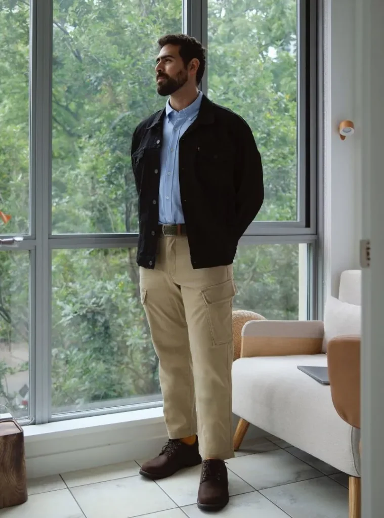 12 Smart Fall Business Casual Outfit Ideas to Look Sharp 2 a man wearing a Black Trucker Jacket Over a Crisp Oxford Button-Down