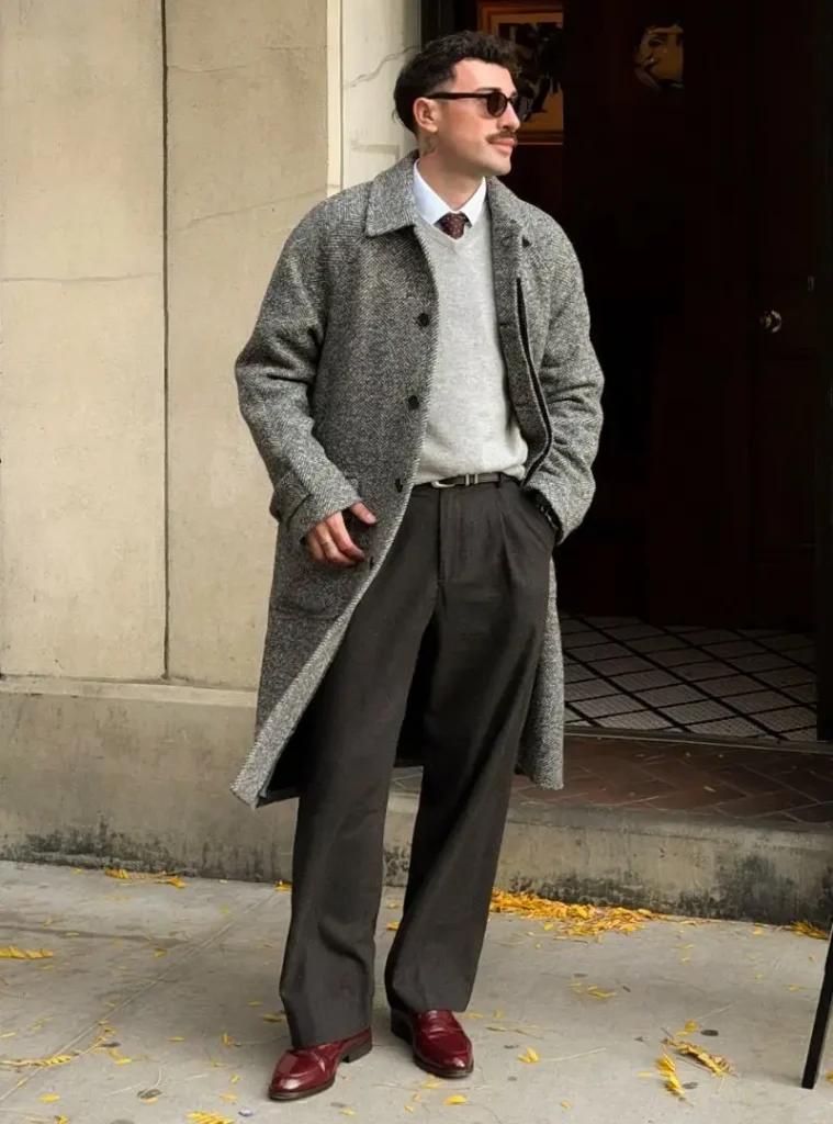 12 Smart Fall Business Casual Outfit Ideas to Look Sharp 3 a man posing in a Houndstooth Wool Blazer with Rolled White Trousers