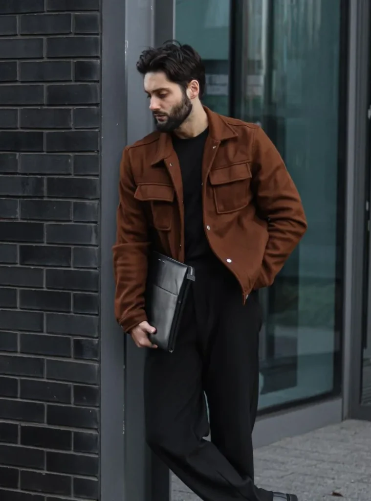 22 Fall Jackets Outfit Ideas for Men to Layer Up in Style 2 a man posing in a Cognac Wool Shirt Jacket with a Pitch Black Base