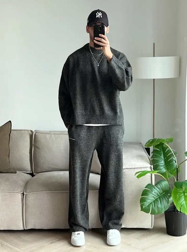 14 Men Casual Winter Outfits Ideas for Everyday Style 13 a man with Charcoal Boiled Wool Lounge Set with Silver Accents