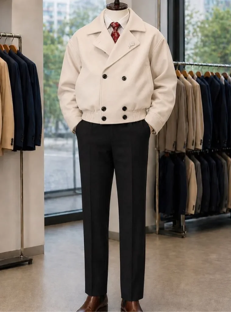 17 Winter Formal Outfits for Men That Look Sharp 3 Cropped Cream Double-Breasted Jacket with Black Trousers