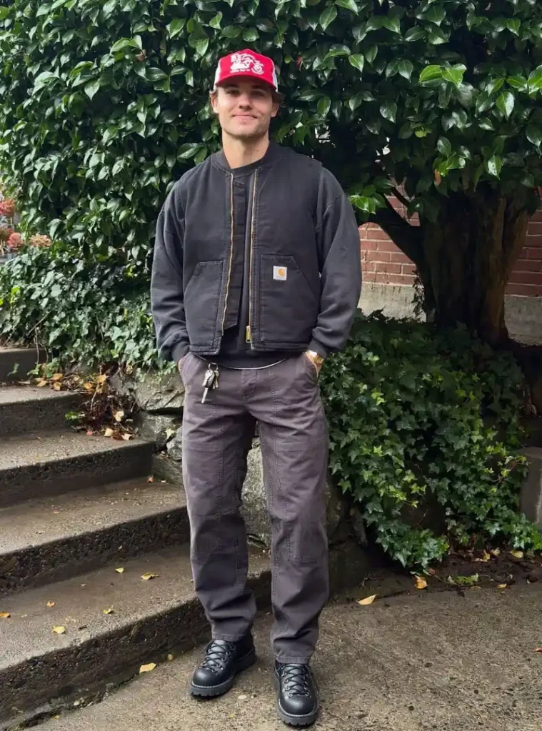 17 Easy Men Fall Outfit Ideas That Keep You Warm 15 a man wearing a Washed Canvas Workwear Vest with Double-Knee Pants