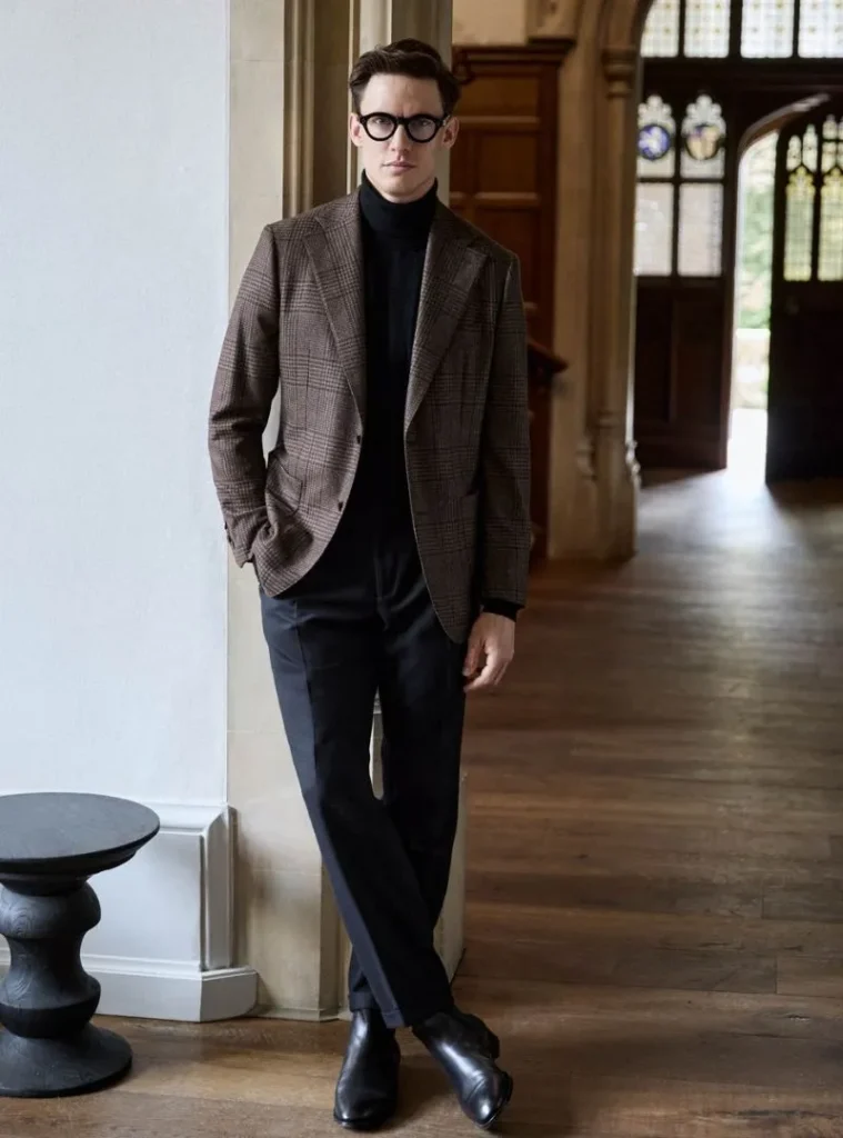 17 Winter Formal Outfits for Men That Look Sharp 7 a man wearing a Brown Check Blazer Over a Black Turtleneck
