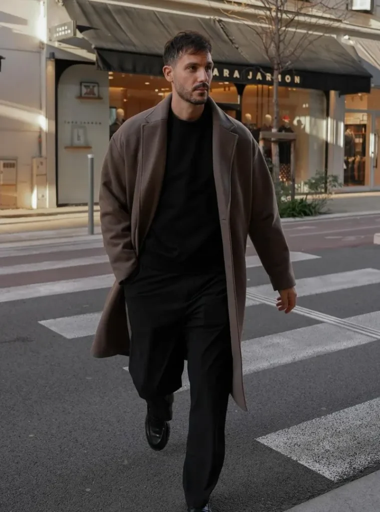 17 Easy Men Fall Outfit Ideas That Keep You Warm 14 a man wearing a Taupe Wool Overcoat Draped Over an All-Black Base