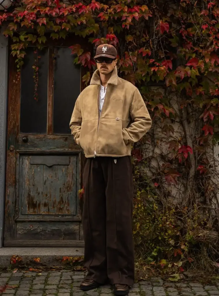 22 Fall Jackets Outfit Ideas for Men to Layer Up in Style 7 a man posing in a Sand Shearling Fleece Blouson with Wide Chocolate Slacks