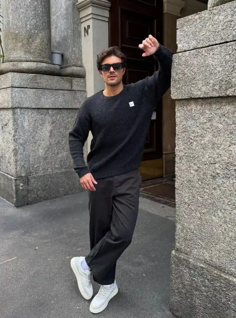 20 Easy Ideas for Fall Casual Outfits Men Can Rely On 17 a man posing in a Ribbed Black Sweater with Charcoal Trousers