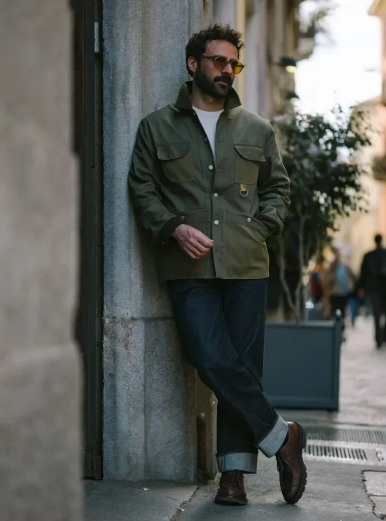 22 Fall Jackets Outfit Ideas for Men to Layer Up in Style 10 a man posing a Olive Four-Pocket Field Jacket with Cuffed Raw Denim