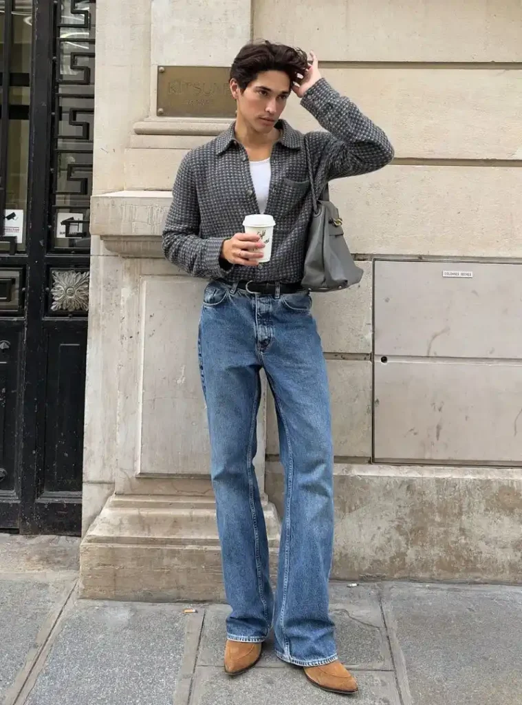 17 Easy Men Fall Outfit Ideas That Keep You Warm 17 a man wearing a Houndstooth Textured Wool Shirt with Bootcut Blue Jeans