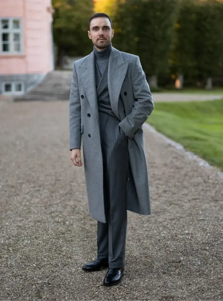 17 Winter Formal Outfits for Men That Look Sharp 11 a man posing in a Long Grey Overcoat with a Tonal Turtleneck and Pinstripe Trousers