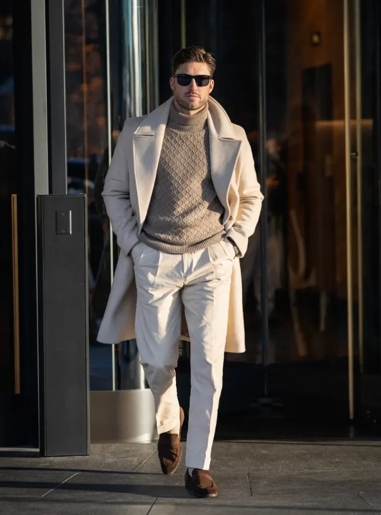 14 Men Casual Winter Outfits Ideas for Everyday Style 8 A guy wearing Tonal Cream Overcoat with Honey Knit and Suede Loafers