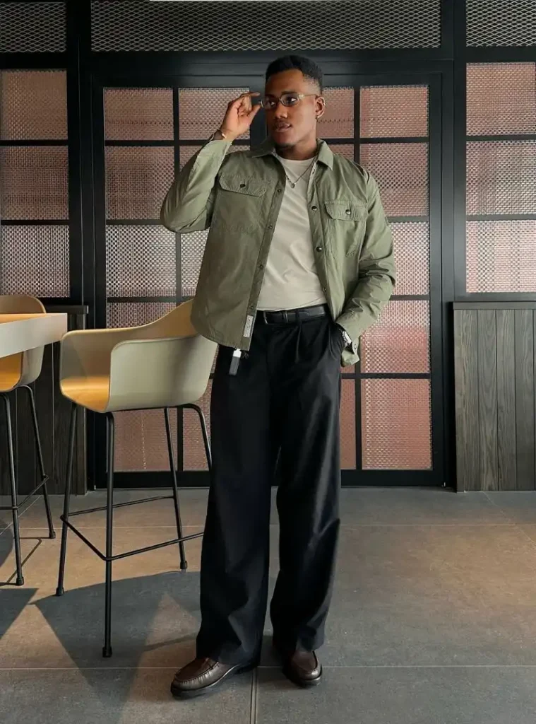 12 Smart Fall Business Casual Outfit Ideas to Look Sharp 7 a man wearing a Sage Utility Overshirt Tucked with Wide Black Trousers