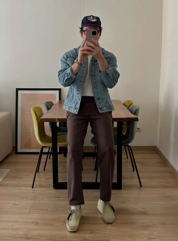 20 Easy Ideas for Fall Casual Outfits Men Can Rely On 14 a man posing in Light Denim Jacket Over Dark Brown Chinos