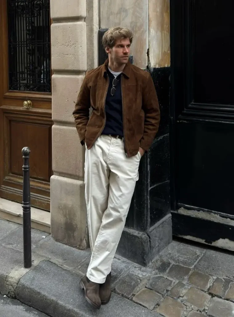 17 Easy Men Fall Outfit Ideas That Keep You Warm 9 a man posing in a Suede Harrington Jacket with Off-White Chinos