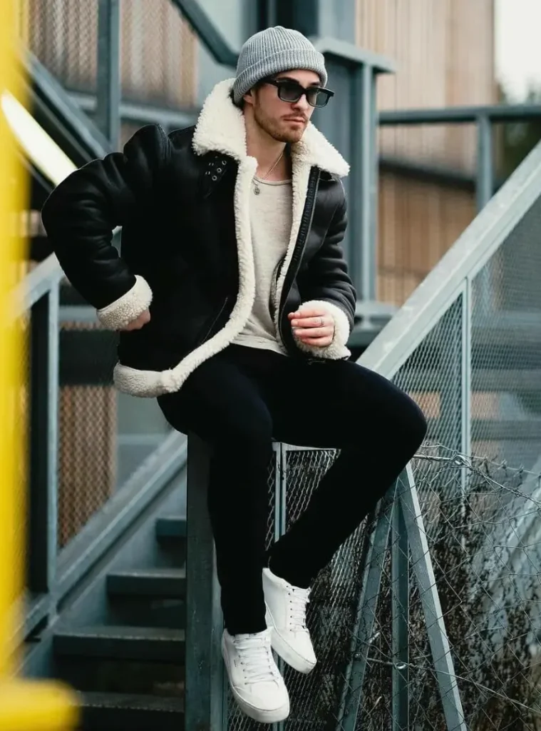 14 Men Casual Winter Outfits Ideas for Everyday Style 10 Black Shearling Aviator Jacket with Skinny Denim