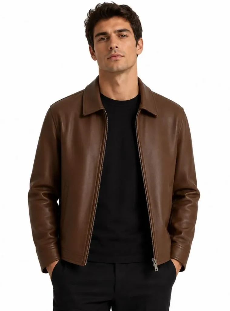 22 Fall Jackets Outfit Ideas for Men to Layer Up in Style 12 a man wearing a Minimalist Leather Harrington with Tailored Black Slacks