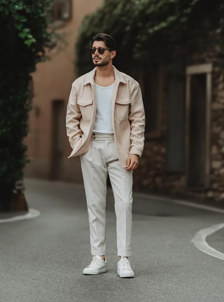 20 Easy Ideas for Fall Casual Outfits Men Can Rely On 10 a man posing in Light Beige Overshirt with Pleated Trousers