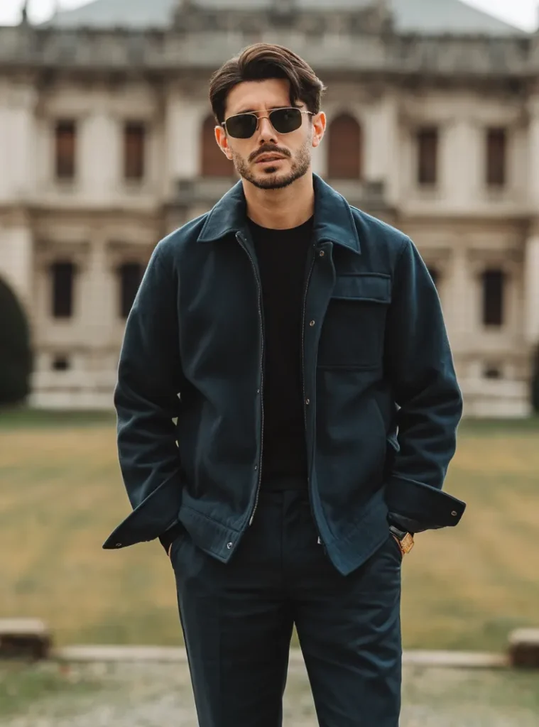 20 Easy Ideas for Fall Casual Outfits Men Can Rely On 12 a man with a Matching Navy Zip Jacket and Tailored Pants