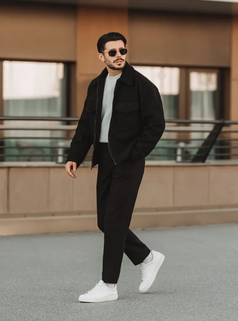 20 Easy Ideas for Fall Casual Outfits Men Can Rely On 11 a man wearing Black Wool Zip Jacket with Cropped Trousers