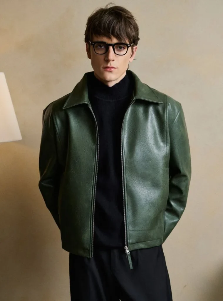 22 Fall Jackets Outfit Ideas for Men to Layer Up in Style 13 a man wearing a Forest Green Leather Jacket Over a Black Turtleneck