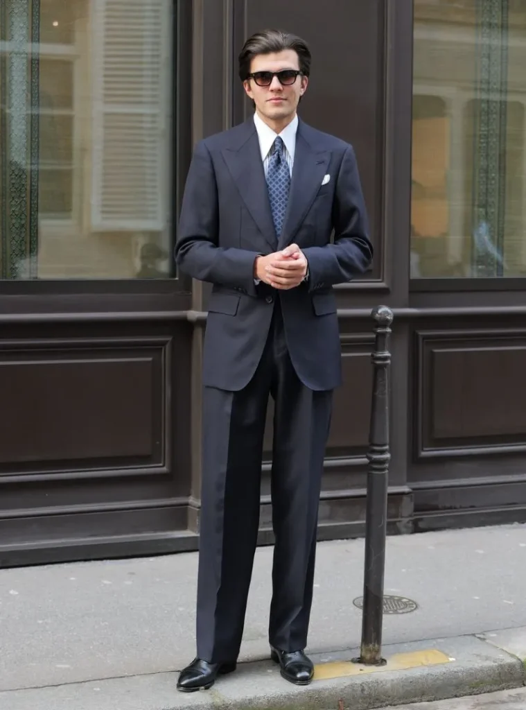17 Winter Formal Outfits for Men That Look Sharp 17 a man wearing a Navy Suit with a Blue Patterned Tie and White Pocket Square