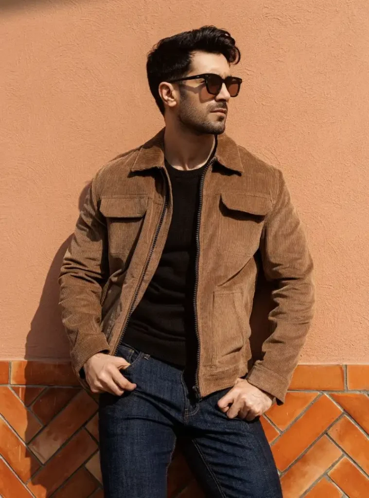 22 Fall Jackets Outfit Ideas for Men to Layer Up in Style 18 a man wearing a Tan Corduroy Zip Jacket with Dark Denim