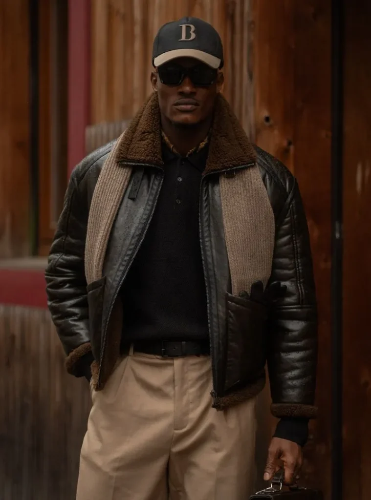 22 Fall Jackets Outfit Ideas for Men to Layer Up in Style 19 a man posing in a Black Shearling Aviator with Tailored Khakis