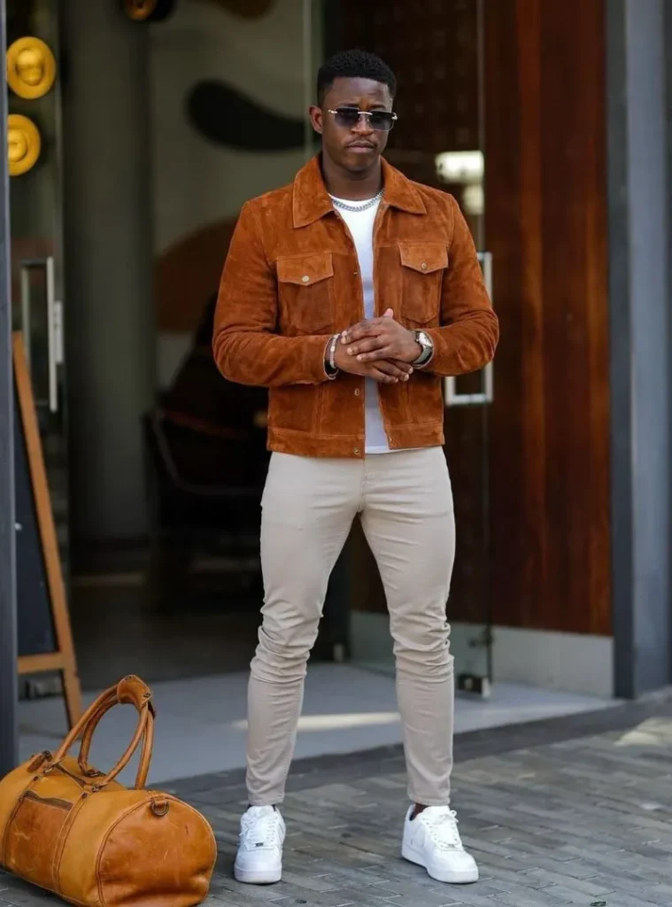 22 Fall Jackets Outfit Ideas for Men to Layer Up in Style 21 a man posing in a Rust Suede Trucker Jacket with Light Neutrals