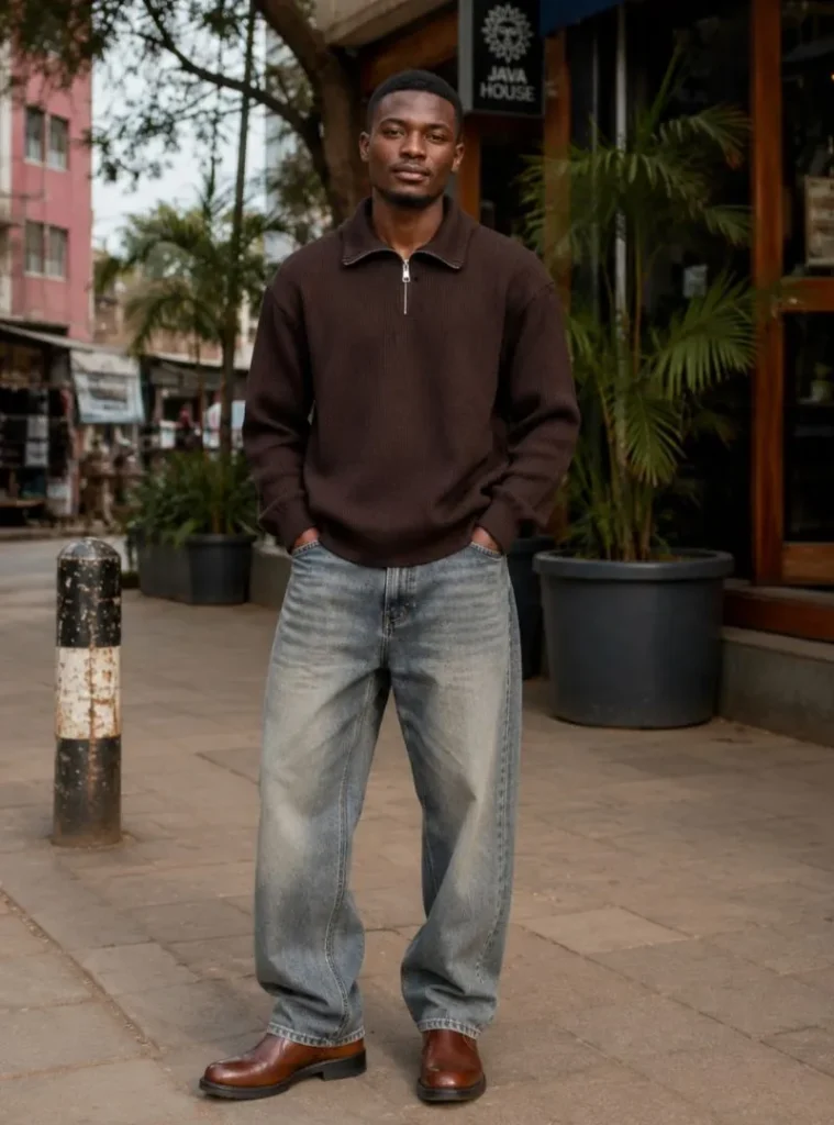 16 Fall Outfits With Jeans for Men You Can Actually Wear 15 a man wearing a Brown Quarter-Zip Sweater with Faded Blue Jeans