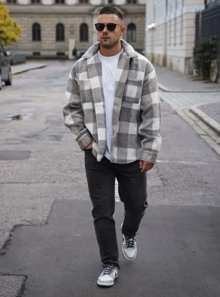 17 Easy Men Fall Outfit Ideas That Keep You Warm 5 a man wearing a Heavy Buffalo Check Shacket with Faded Charcoal Jeans