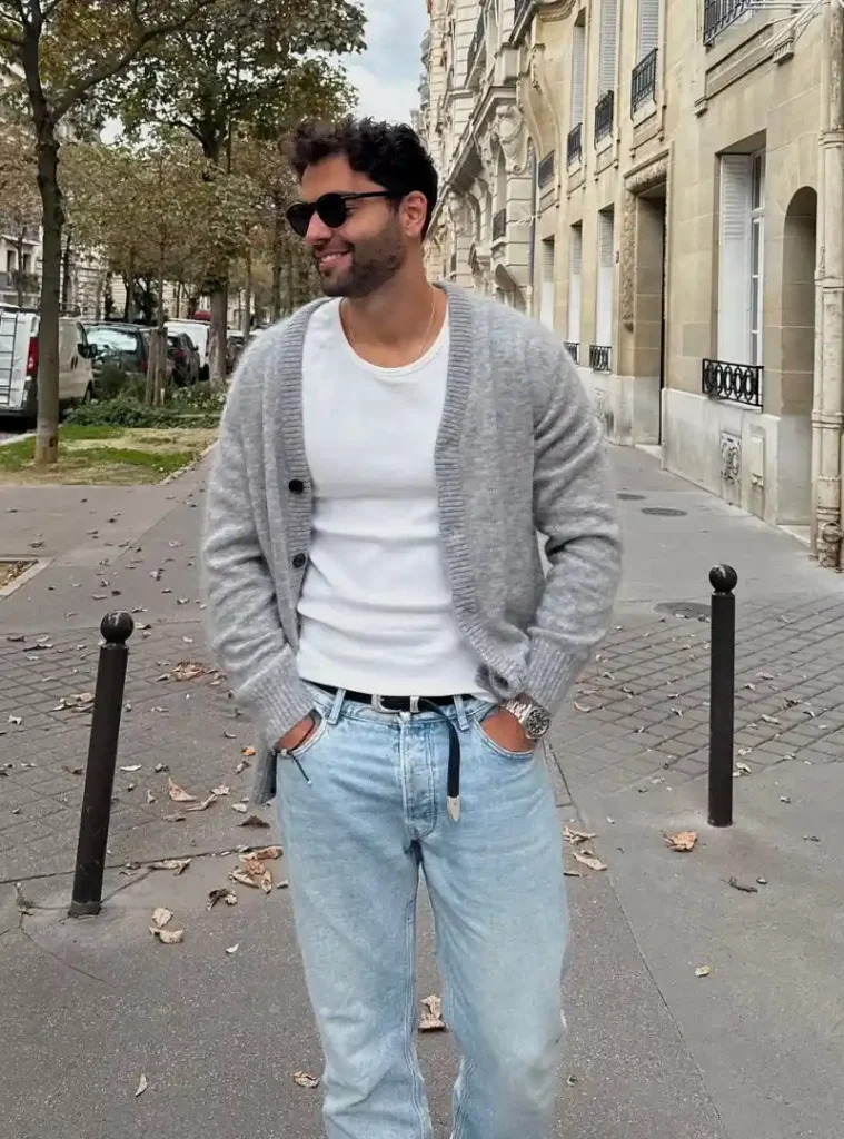 17 Easy Men Fall Outfit Ideas That Keep You Warm 3 a man wearing a Heather Grey Mohair Cardigan with Washed Bleach Denim