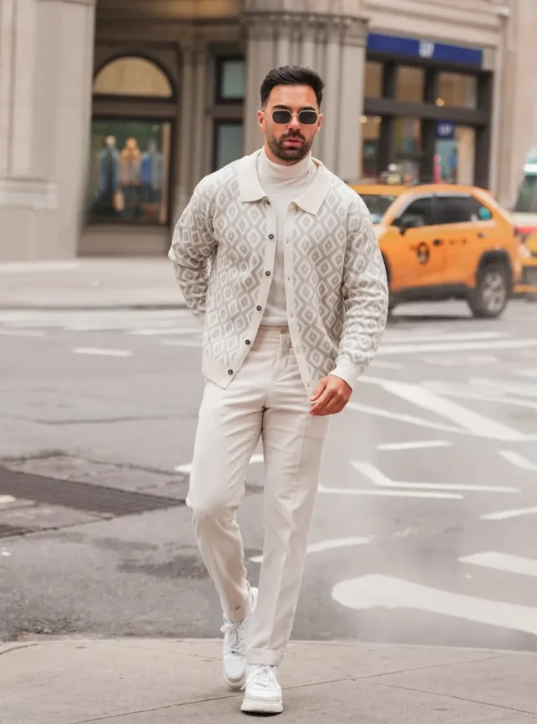 20 Easy Ideas for Fall Casual Outfits Men Can Rely On 6 a man posing in Diamond Pattern Cardigan Over a Monochromatic Base