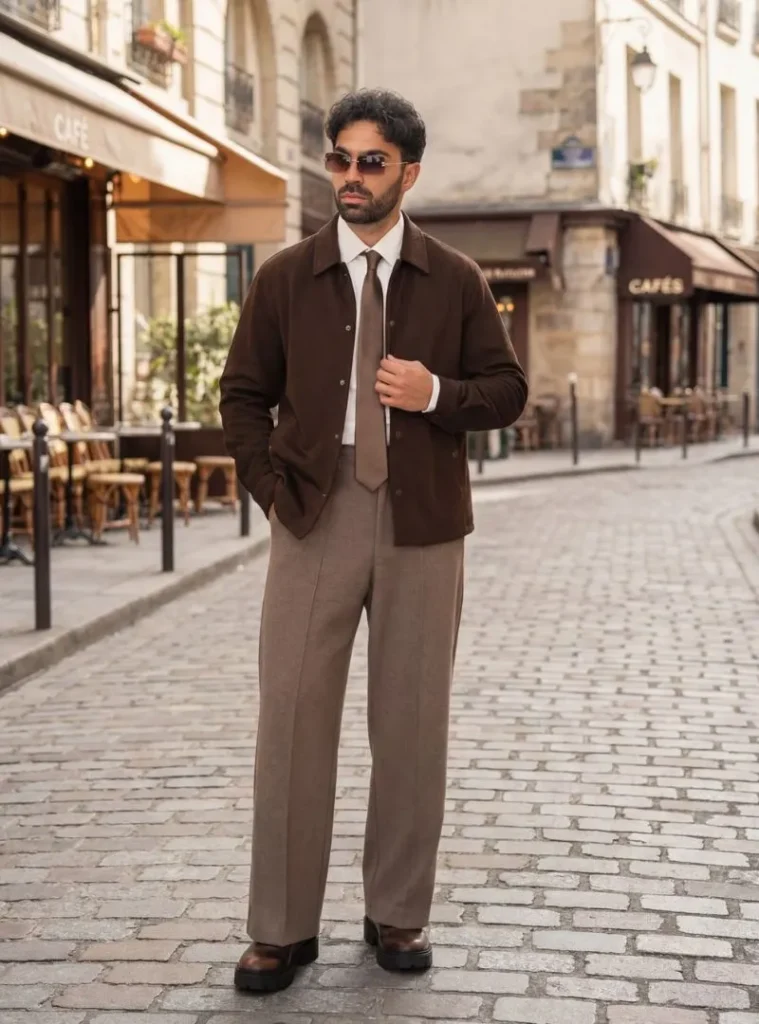 17 Easy Men Fall Outfit Ideas That Keep You Warm 2 a man posing in a Chocolate Suede Shirt Jacket with Tonal Wool Trousers