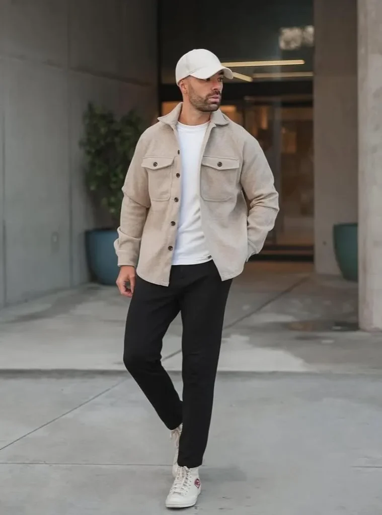 20 Easy Ideas for Fall Casual Outfits Men Can Rely On 5 a man wearing a Heavy Twill Overshirt With a Clean Baseball Cap