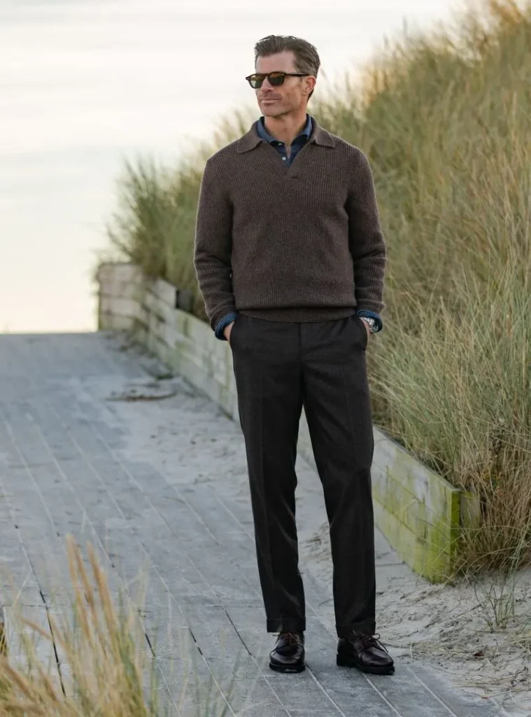 12 Smart Fall Business Casual Outfit Ideas to Look Sharp 13 a man wearing a Ribbed Johnny Collar Sweater Over Denim Shirting